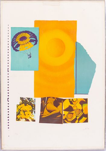 NICOLA SIMBARI (ITALIAN, 1927–2012) LITHOGRAPH IN COLORS, ON WOVE PAPER, 1970, H 38.5" W 26.5" YELLOW BODY 