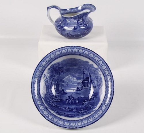 ENGLISH BLUE AND WHITE BOWL AND PITCHER