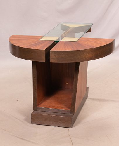 MODERN MAHOGANY, GLASS & BRASS END TABLE, H 21", W 29" 