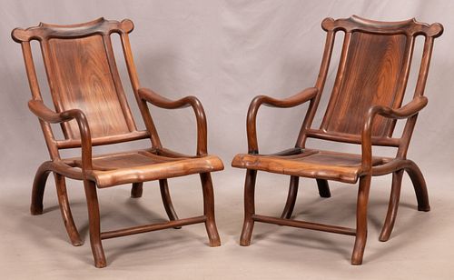 CHINESE RECLINING ROSEWOOD OPEN ARMCHAIRS, PAIR, H 29", W 21" 