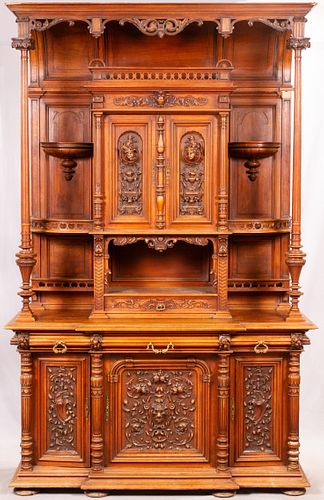 FRENCH  RENAISSANCE REVIVAL WALNUT HAND CARVED CABINET C 1850 H 109", W 69", D 24" 