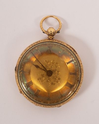18KT GOLD SHEFFIELD, ENGLAND POCKET WATCH, DIA 1.5", ENGRAVED 1853, T.W. 49.1 GR 