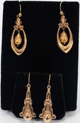 VINTAGE 18KT & 14KT YELLOW GOLD DROP EARRINGS, TWO PAIRS, H 1.5"-1 5/8", T.W. 5.7 GR 