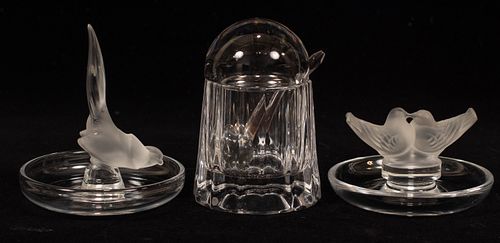 LALIQUE GLASS RING HOLDERS, AND PALOMA PICASSO HONEY POT 3 PCS. DIA 3.5" 