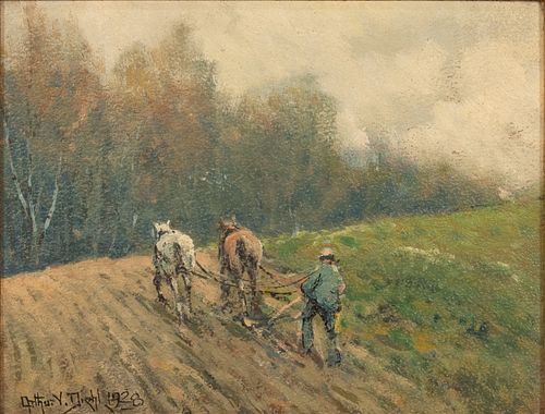 ARTHUR VIDAL DIEHL (AMER, 1870-29), OIL ON PANEL, 1928, H 6.5", W 9", HORSE PLOUGH 