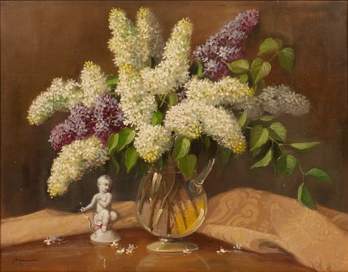 SIGNED OIL ON PANEL H 24" W 29" STILL LIFE: LILACS 