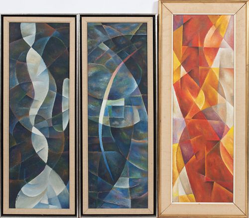 BYERS, OILS ON MASONITE, GROUP OF THREE, H 29-30" W 9.5-9.75" GEOMETRIC ABSTRACTION 