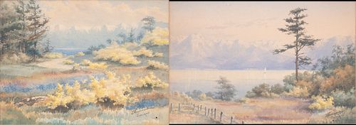 J. WOODWARD, WATERCOLORS,  1901, PAIR H 11.25", 11.5 W 14", 15" "OLYMPIANS FROM ROSS BAY" AND "BEAR BROOKS" 