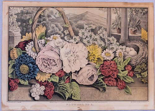 NATHANIEL CURRIER (AMERICAN, 1813–1888) HANDCOLORED LITHOGRAPH, ON WOVE PAPER, H 10" W 14" FLOWERS, NO. 2 