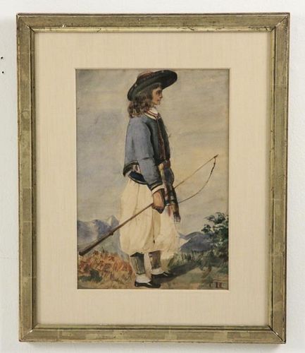 FRAMED EUROPEAN WATERCOLOR OF YOUNG BOY