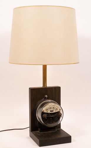 ELECTRIC METER AND PINE  TABLE LAMP H 31" W 7.5" D 7.5" 