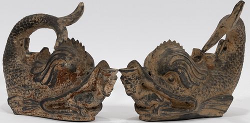 EARTHENWARE DOLPHIN FORM OIL LAMPS, PAIR, H 7", L 10"