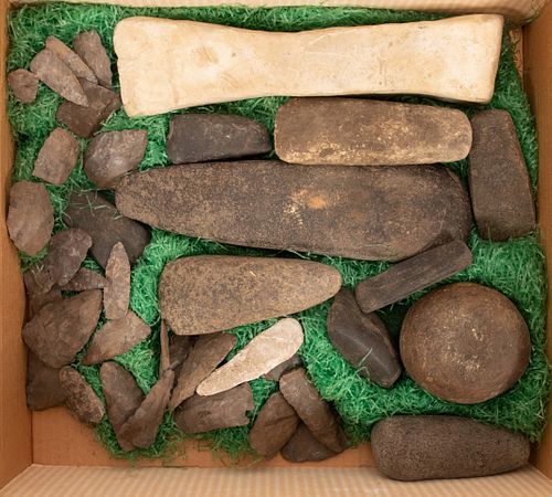 NATIVE AMERICAN STONE AXE HEADS, ARROW HEADS AND IMPLEMENTS, 46 PCS.