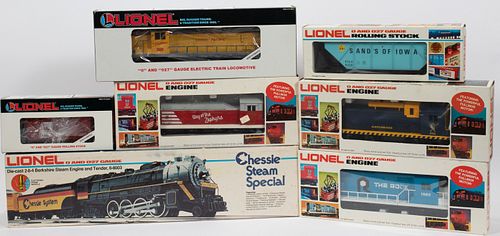 LIONEL BOXED TRAINCARS, C. 1980, 7 PCS, L 9"-25" (BOXES) 