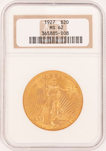 $20.DOL.GOLD COIN FLYING EAGLE CERTIFIED 1927 GRADED MS-62 WEIGHT 33.436 GRAMS; DIAM 34MM; MS-62,  