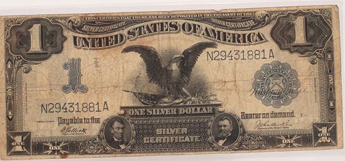 U.S. SILVER DOLLAR AMERICAN BLACK-EAGLE 1899 PAPER CURRENCY $1.NOTE, # N-29431881-A,  (1) H 4" W 9" 