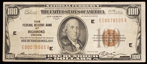 $100. RICHMOND VIRGINIA PAPER CURRENCY BEN FRANKLIN PORTRAIT,SERIAL # E-00078505A, U.S MINT ENTERED A VT.LINE IN NOTE. 1929 H 3" W 6.6" 