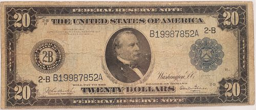1914 U.S. $20.LG. NOTE CLEVELAND PORTRAIT FEDERAL PAPER CURRENCY # 2-B, B 19987852-A, AU-58    (1) H     " W      " 
