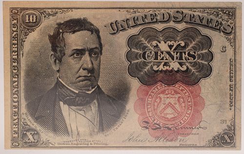 FRACTIONAL .10C PAPER CURRENCY NOTE SERIAL # C 37.RED SEAL, PORTRAIT 'SEC. THEASY U.S.BUREAU OF ENGRAVING AND PRINTING 1874 (1) H 2 " W 3 " 