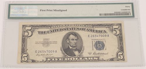 U.S. $5.DOLLAR SILVER CERTIFICATE LINCOLN NOTE CERTIFIED # E-26547009A, BLUE SEAL 'ON REVERSE' MISALIGNMENT ERROR 1953-A (1) H 6" W 9" 