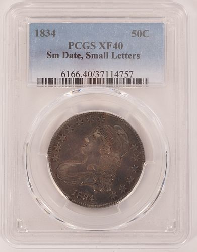 U.S 1834 BUST .50C CERTIFIED: PCGS MIRROR-LIKE GRADED; XF-40, STERLING SILVER COIN  UNCIRCULATED (1) H 7" W 4"CASE 