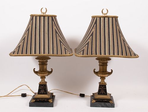 FREDERICK COOPER, BRASS AND MARBLE TABLE LAMPS PAIR H 24" 