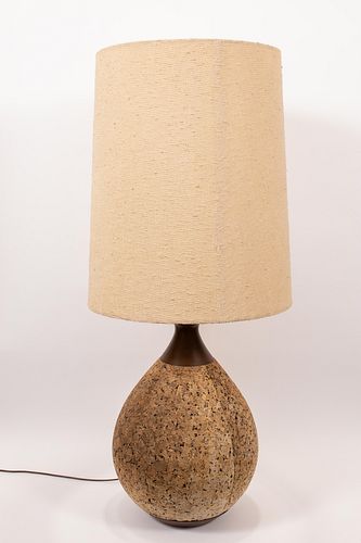 MID-CENTURY MODERN CORK AND WOOD TABLE LAMP, H 47" OVERALL DIA 14" 