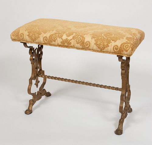 WROUGHT IRON AND BROCADE UPHOLSTERED SEAT/STOOL H 18" W 24" D 12" 
