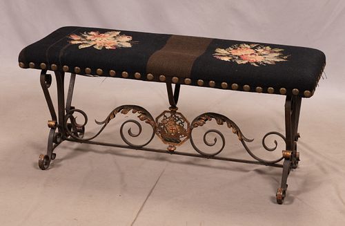 WROUGHT IRON AND NEEDLEPOINT TOP BENCH H 18" L 42" D 15" 