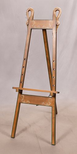 AMERICAN FOLK CARVED & PAINTED WOOD EASEL, H 7' 1", W 1' 11" 