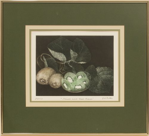 G. H. ROTHE, GERMANY 1935 - 07, MEZZOTINT H 7.5" W 9.7" "KIWIS AND THEIR LEAVES" 