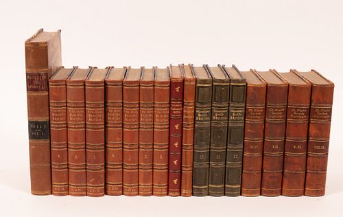 GERMAN (16) & ENGLISH (1) LEATHER BOUND BOOK COLLECTION, 19TH C, 17 PCS, H 6.5"-9" 