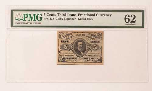 U.S. .05C FRACTIONAL PAPER CURRENCY PMG CERTIFIED GRADED MS-62 UNCIRCULATED 1863 (1) H 5" W 9" 
