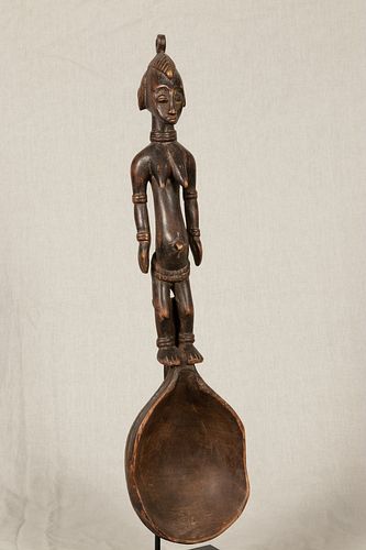SENUFO, IVORY COAST, AFRICAN, CARVED WOOD, SPOON WITH FEMALE FIGURE, 19TH C. H 24" W 6" ALSO ANOTHER 32" 