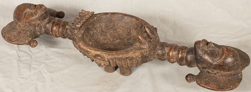 AFRICAN CARVED WOOD HANDLED BOWL H 5" W 24" D 7" 