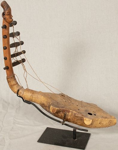 ZANDE, CONGO, AFRICAN, WOOD AND STRING, HARP H 17" L 15" D 5" 