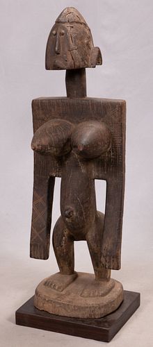 AFRICAN CARVED WOOD FEMALE FIGURE SCULPTURE H 40" W 12" D 10" 
