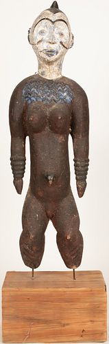 IBO, NIGERIA, AFRICAN, CARVED WOOD AND PIGMENT, STANDING FEMALE FIGURE (WITH SCARIFICATION) H 32" W 10" D 5.5" 