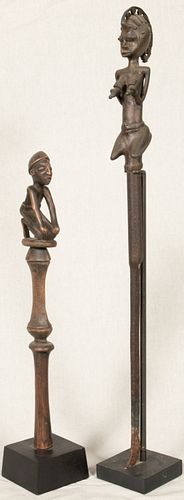 YORUBA, NIGERIA, AFRICAN WOOD, BRONZE AND IRON FORGER'S IRON H 24" ALSO CONGO STAFF 16" 