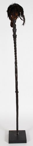 AFRICAN CARVED WOOD AND MIXED MEDIA CEREMONIAL STAFF, H 57", W 1.5", D 3" 