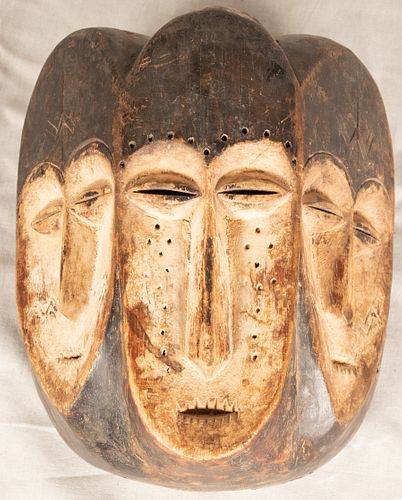 AFRICAN, FANG, GABON,  NGONTANG "THREE FACE" MASK MID/LATE 19TH C. H 9.5" W 8" D 6" 