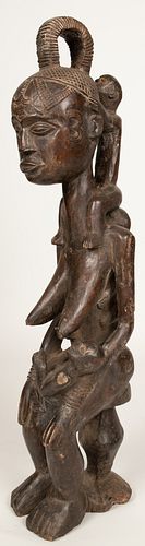 NIGERIA, AFRICAN, CARVED WOOD SEATED FEMALE SCULPTURE H 26" W 6" D 6" 