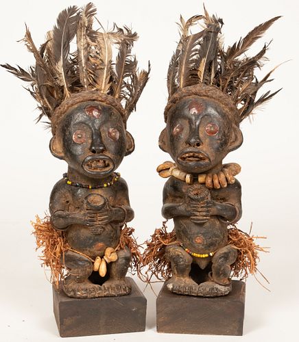 CAMEROON, AFRICAN, CLAY, RAFFIA, PIGMENT, COWRIE SHELLS, BEADS AND METAL PAIR OF MALE FIGURES 19TH C. H 11" W 3" D 4" 