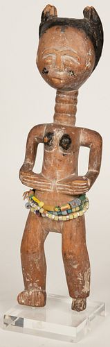 FANTE, GHANA, AFRICAN, WOOD, MILLEFIORE BEADS, FABRIC AND PIGMENT, STANDING FEMALE FIGURE H 16" W 4" D 4" 