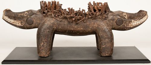 WAYO, CONGO, AFRICAN NAIL FIGURE, JANUS-HEADED DOG, LATE 19TH/EARLY 20TH C.  H 8", L 21", WOOD, NAILS, FABRIC 