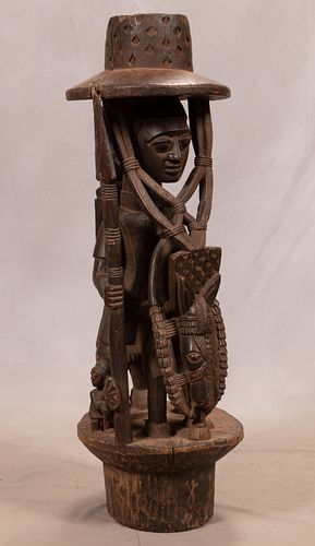 AFRICAN POLYCHROME CARVED WOOD FIGURAL SCULPTURE, H 47.5", W 12", D 16" 