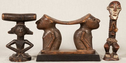 CONGO  AFRICAN CARVED WOOD HEAD RESTS AND FIGURE 3 PIECES H 5.75-8.5" 