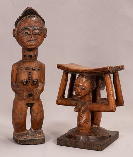 AFRICAN POLYCHROME CARVED WOOD SCULPTURE AND NECK REST TWO 