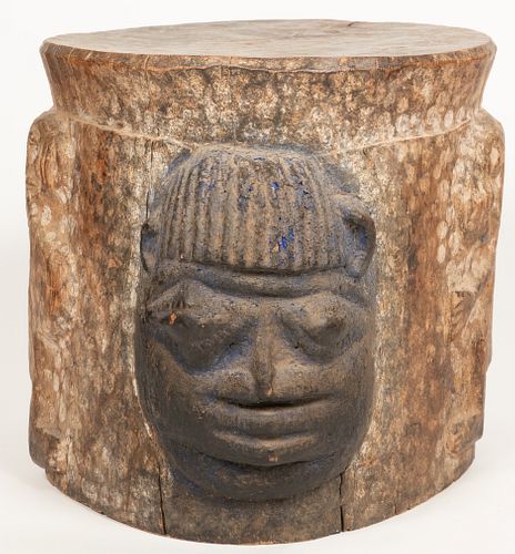 YORUBA, NIGERIA, AFRICAN, CARVED WOOD AND PIGMENT, ALTAR STAND H 14" DIA 14" 