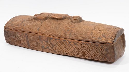 AFRICAN CARVED WOOD LIDDED BOX H 7" W 6" L 20" 
